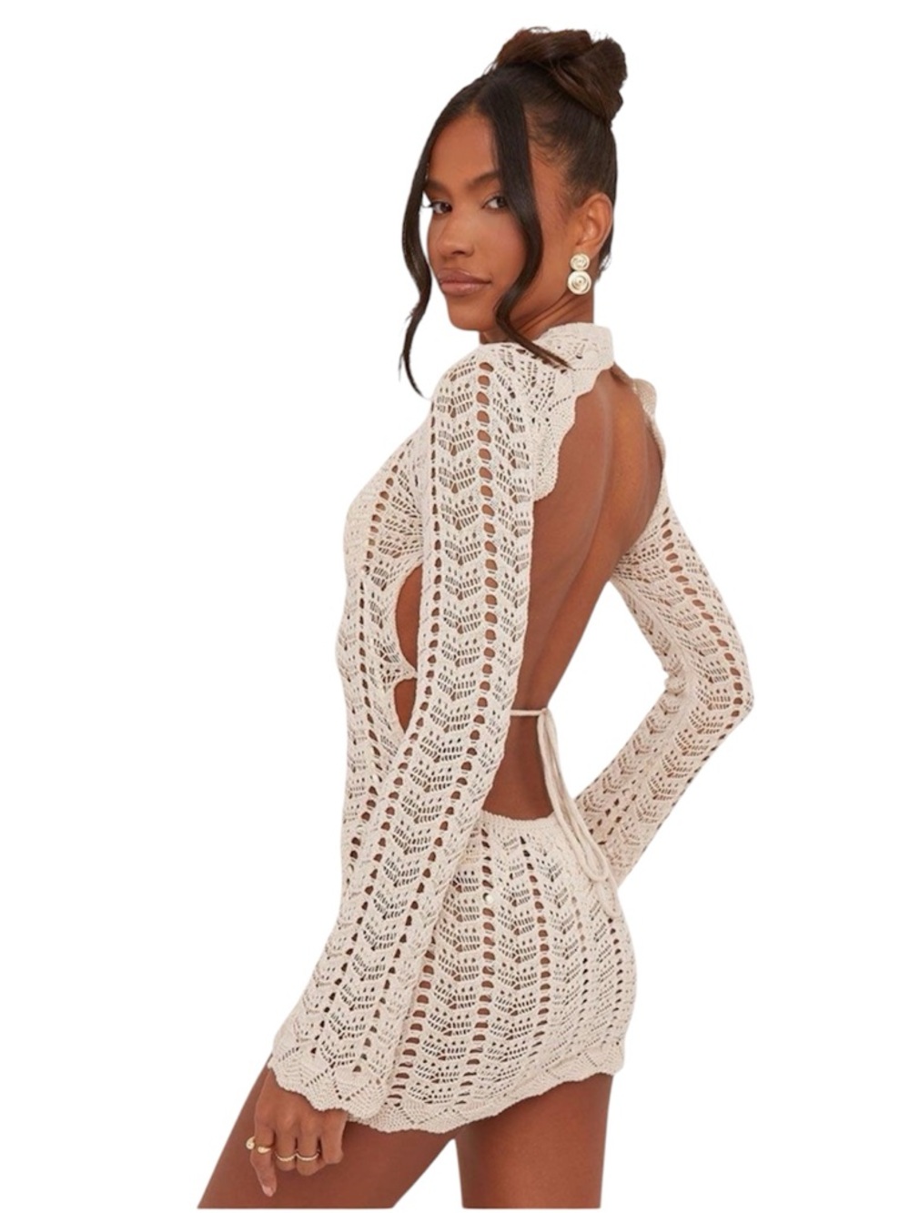 AIYANA Open Back Crochet Mini Dress Swim Coverup Cream Large